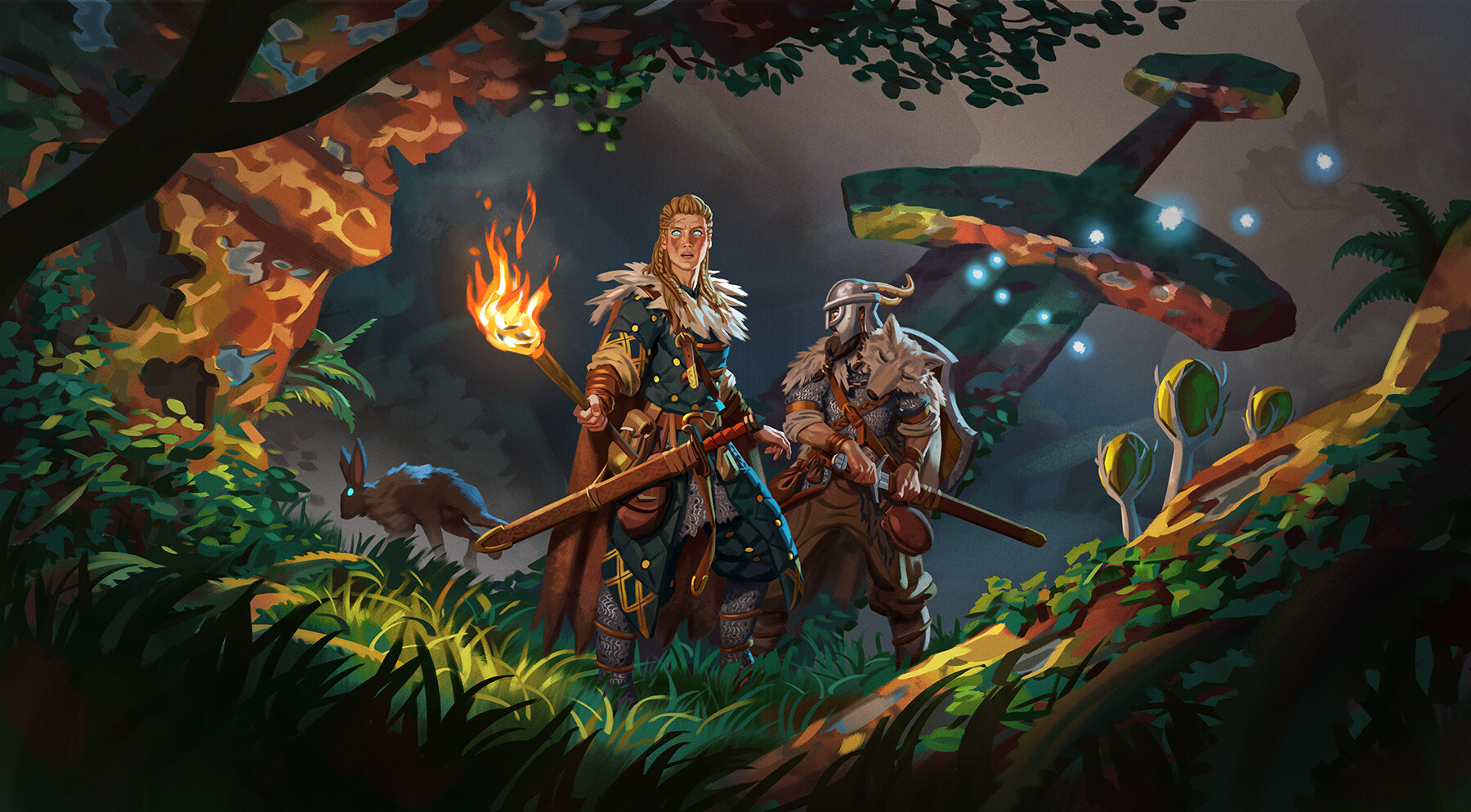 Two Valheim vikings exploring a torchlit forest